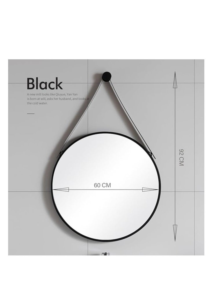 Hanging Round Black Wall Mirror – 60x60cm Circle Mirror with Leather Strap, Adjustable Design for Makeup Vanity, Dressing Room, and Bathroom Wall Decor