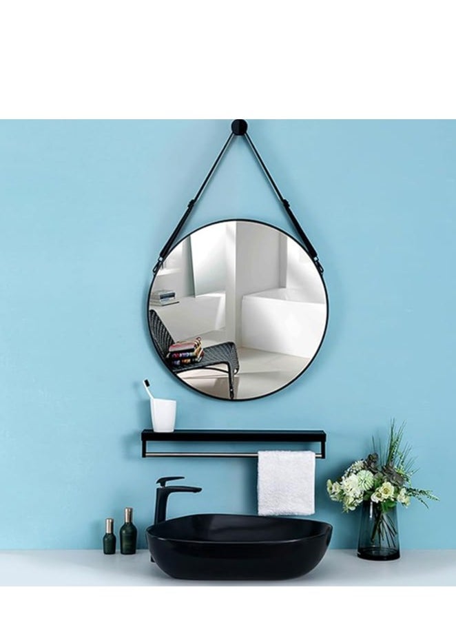 Hanging Round Black Wall Mirror – 60x60cm Circle Mirror with Leather Strap, Adjustable Design for Makeup Vanity, Dressing Room, and Bathroom Wall Decor