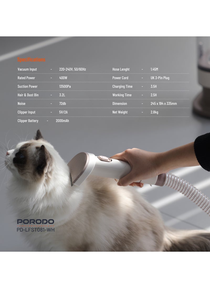 Pet Grooming 13500Pa 400W Vacuum Cleaner / Versatile Grooming Kit / Convenient Storage / 2-in-1 Crevice Tool / Clipping Combs / Cleaning Brush / Hose Holder / Grooming Brush / Electric Clipper / Pet Hair Remover - White