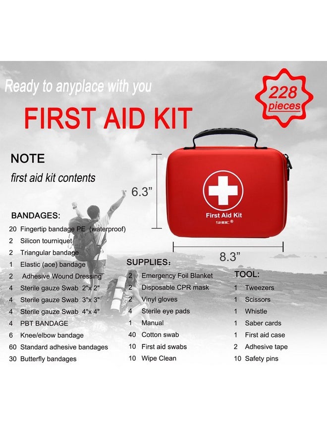 Compact First Aid Kit (228pcs) Designed for Family Emergency Care. Waterproof EVA Case and Bag is Ideal for The Car, Home, Boat, School, Camping, Hiking, Office, Sports. Protect Your Loved Ones. Red