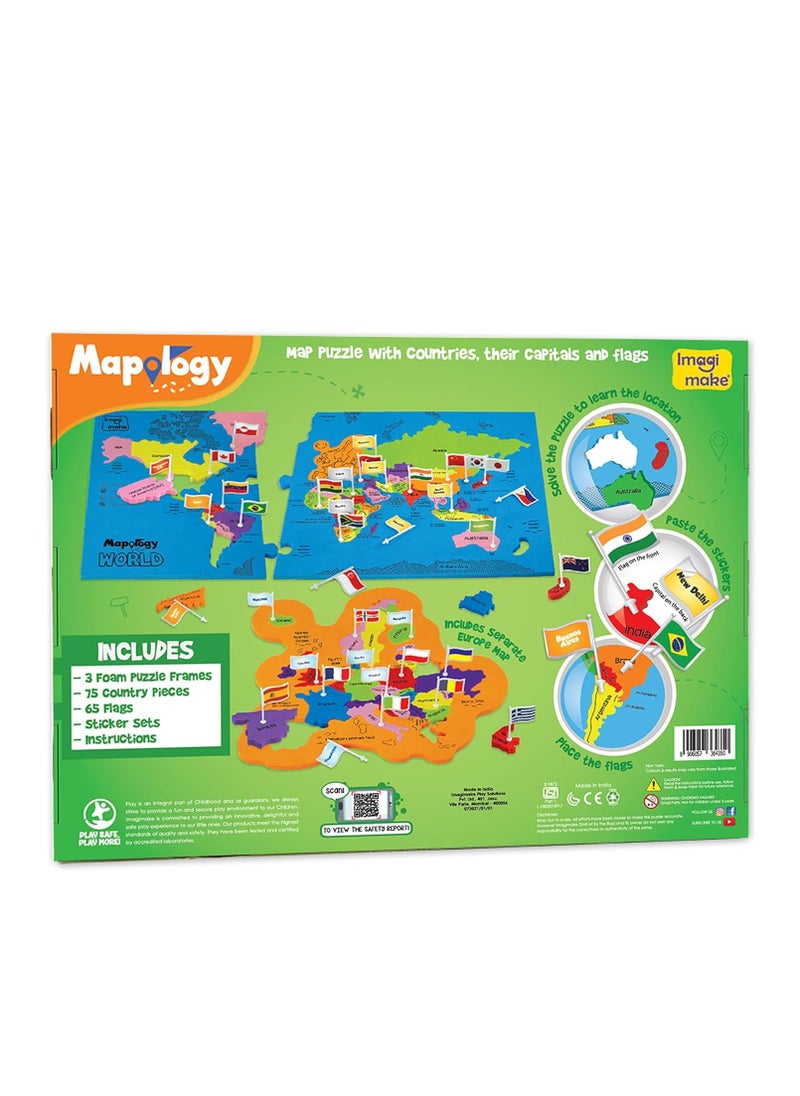 Imagimake Mapology World Flags & Capitals Jigsaw Puzzle |75 Multi-Colored Country-Shaped Pieces | Birthday Gift for Boys and Girls| World Map Puzzle | Educational Toys for Kids 5,6,7,8,9,10