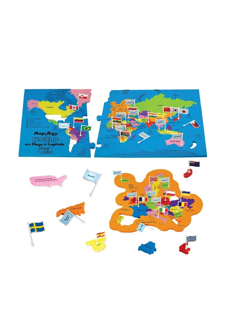 Imagimake Mapology World Flags & Capitals Jigsaw Puzzle |75 Multi-Colored Country-Shaped Pieces | Birthday Gift for Boys and Girls| World Map Puzzle | Educational Toys for Kids 5,6,7,8,9,10