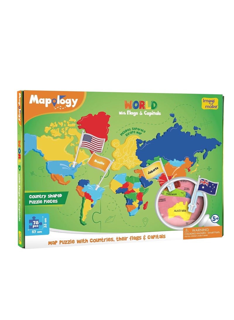 Imagimake Mapology World Flags & Capitals Jigsaw Puzzle |75 Multi-Colored Country-Shaped Pieces | Birthday Gift for Boys and Girls| World Map Puzzle | Educational Toys for Kids 5,6,7,8,9,10