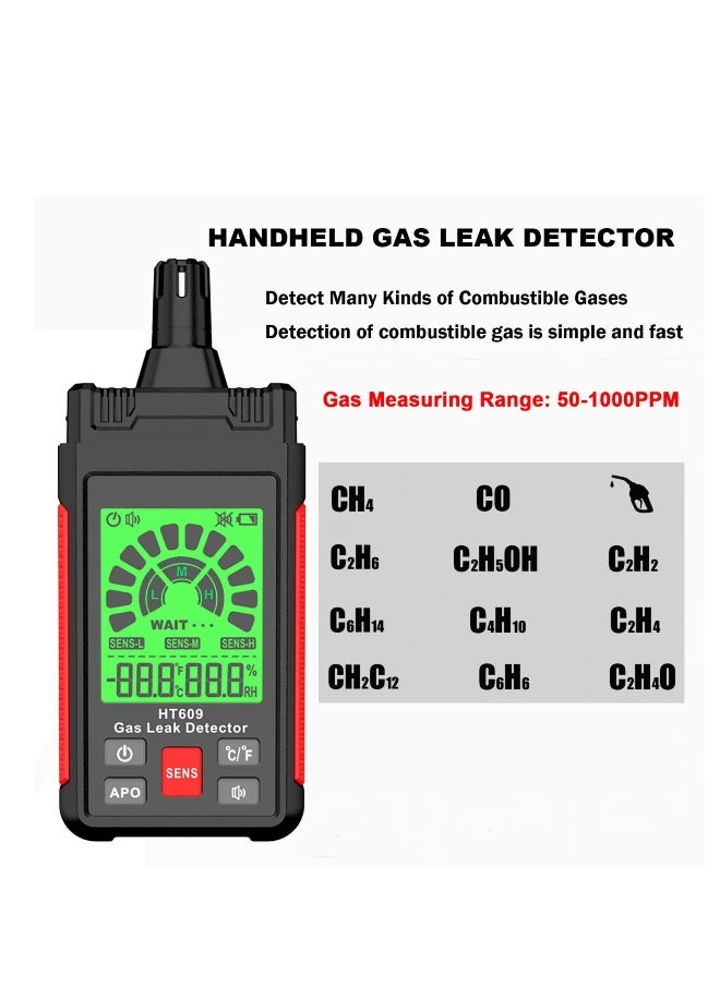 Gas Leak Detector, New Natural Gas Detector with Audible & Visual Alarm, Temp and Humidity Measure, Locates Combustible Gas Sources Like Methane, Propane, for Home (Includes Battery x3)