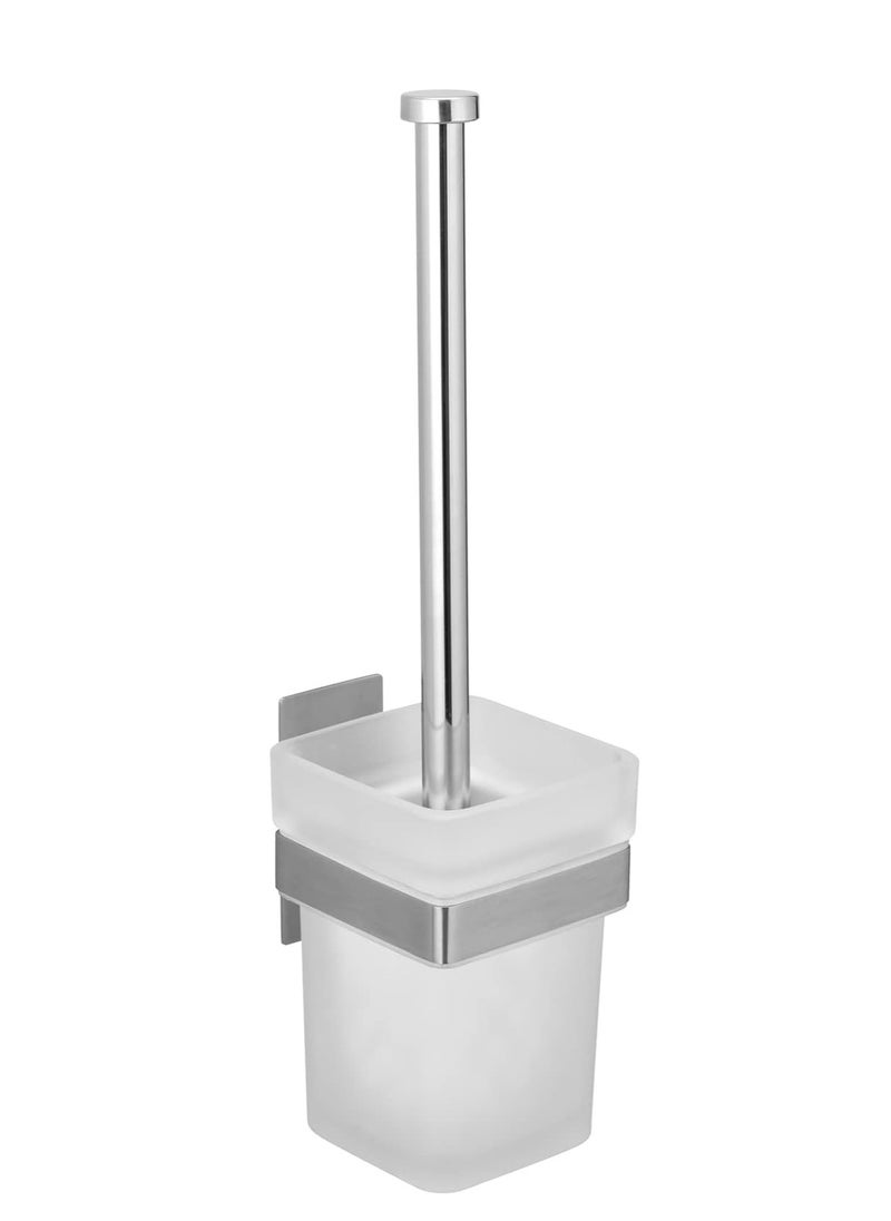 Turbo-Loc Genova Matte Toilet Brush and Holder Stainless Steel Wall Bracket for Attaching No Drilling Required with Removable Frosted Glass Container Including Toilet Brush