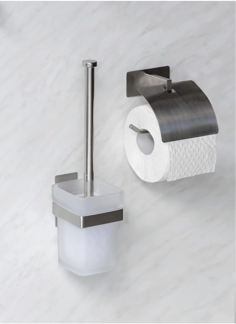 Turbo-Loc Genova Matte Toilet Brush and Holder Stainless Steel Wall Bracket for Attaching No Drilling Required with Removable Frosted Glass Container Including Toilet Brush