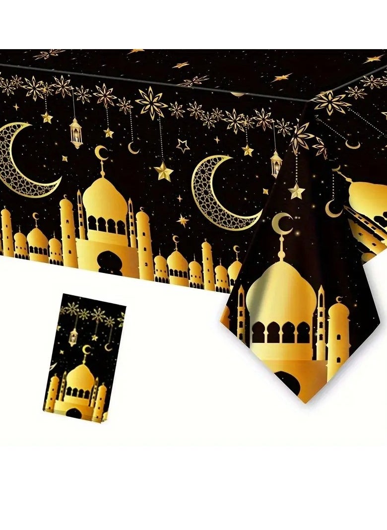 1pc Elegant Black & Golden Eid Mubarak Tablecloth - Disposable Plastic with Islamic Moon, Stars, and Design - Perfect for Ramadan and Eid al-Fitr Celebrations