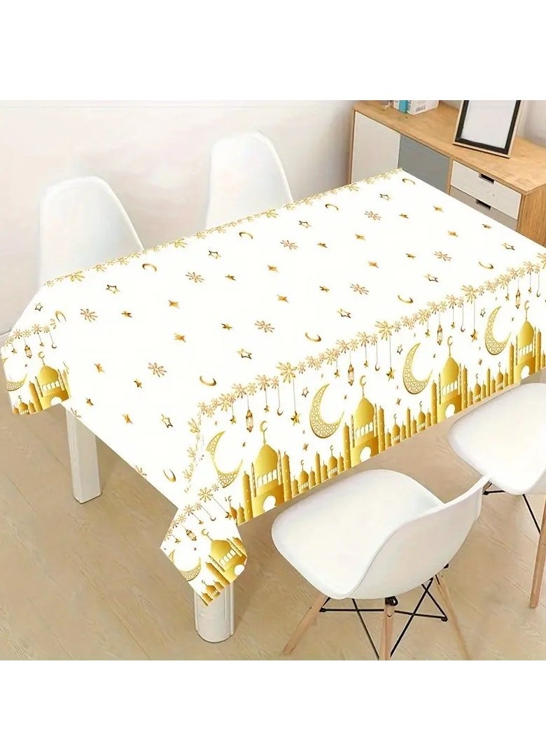 1pc Eid al-Fitr Disposable Tablecloth - Golden Moon Castle Design, Plastic Ramadan Table Cover, Machine Made Festive Islamic Decor for Family Holiday Kitchen