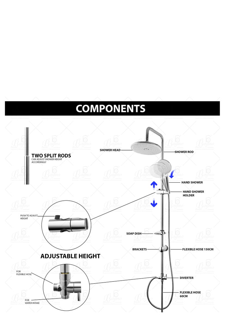 B BAGNO Shower Kit 85-1 with diverter, 220MM shower head, With 15° Rotation Angle / 120MM hand shower with 3 sprays, chrome