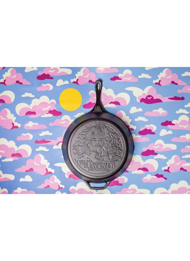 Lodge 13.25 Inch Dolly Parton Pre-Seasoned Cast Iron Stamped Skillet - Signature Teardrop Handle - Use in the Oven, on the Stove, on the Grill, or Over a Campfire - Clear Blue Morning