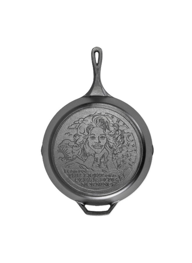 Lodge 13.25 Inch Dolly Parton Pre-Seasoned Cast Iron Stamped Skillet - Signature Teardrop Handle - Use in the Oven, on the Stove, on the Grill, or Over a Campfire - Clear Blue Morning