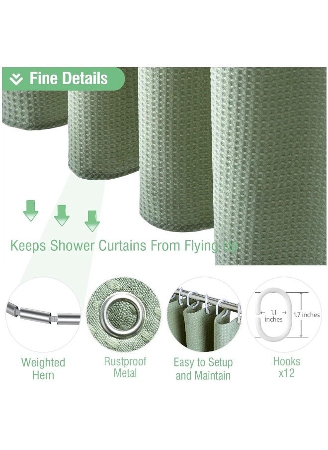 Sage Green Shower Curtain - Waffle Textured Heavy Duty Thick Fabric Shower Curtains for Bathroom, 256GSM Luxury Weighted Polyester Cloth Bath Curtain Set with 12 Plastic Hooks, 72Wx72H