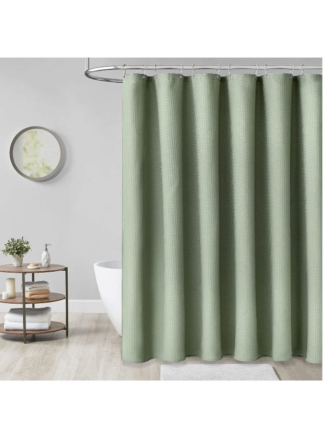 Sage Green Shower Curtain - Waffle Textured Heavy Duty Thick Fabric Shower Curtains for Bathroom, 256GSM Luxury Weighted Polyester Cloth Bath Curtain Set with 12 Plastic Hooks, 72Wx72H