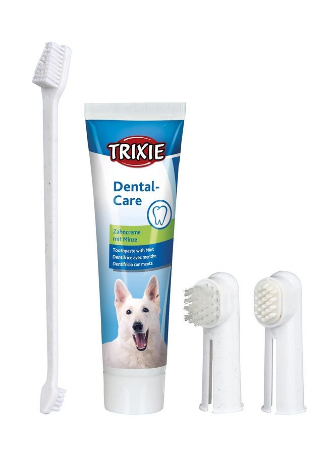 TRIXIE Adult Dog Dental Hygiene Kit with Toothpaste with Pleasant Mint Aroma(100 G), Finger Manual Toothbrush, Two-Sided Toothbrush with Two Different Brush Heads,White