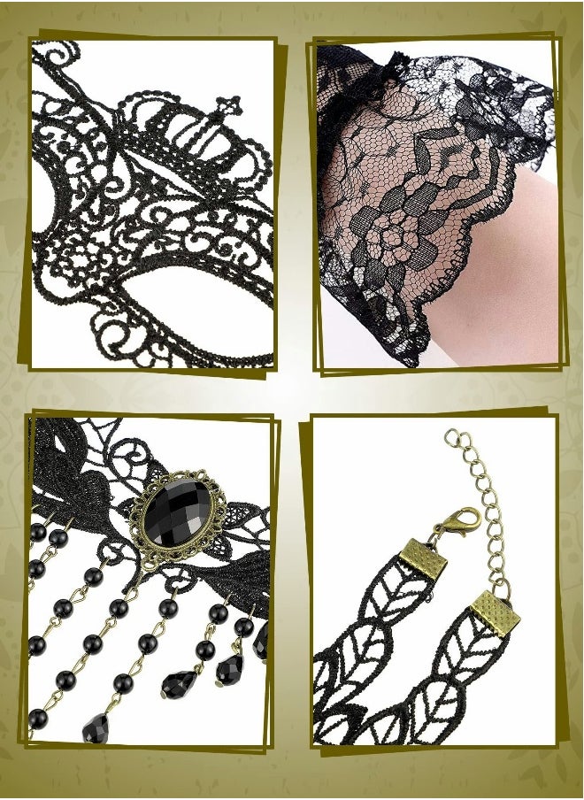 Venetian Masquerade Masks, Black Choker Lace Necklace Lace Pattern Gloves Set for Women