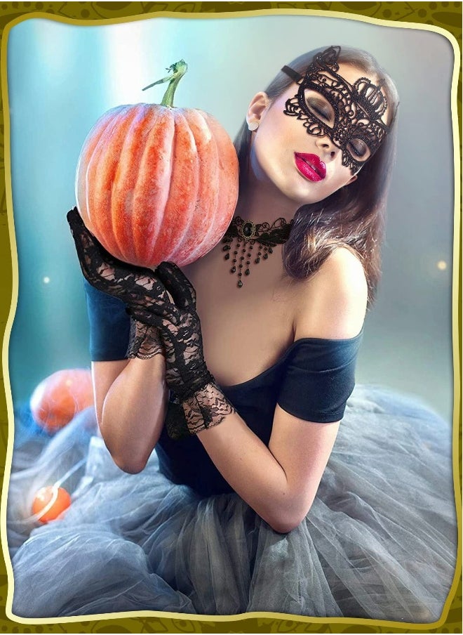Venetian Masquerade Masks, Black Choker Lace Necklace Lace Pattern Gloves Set for Women