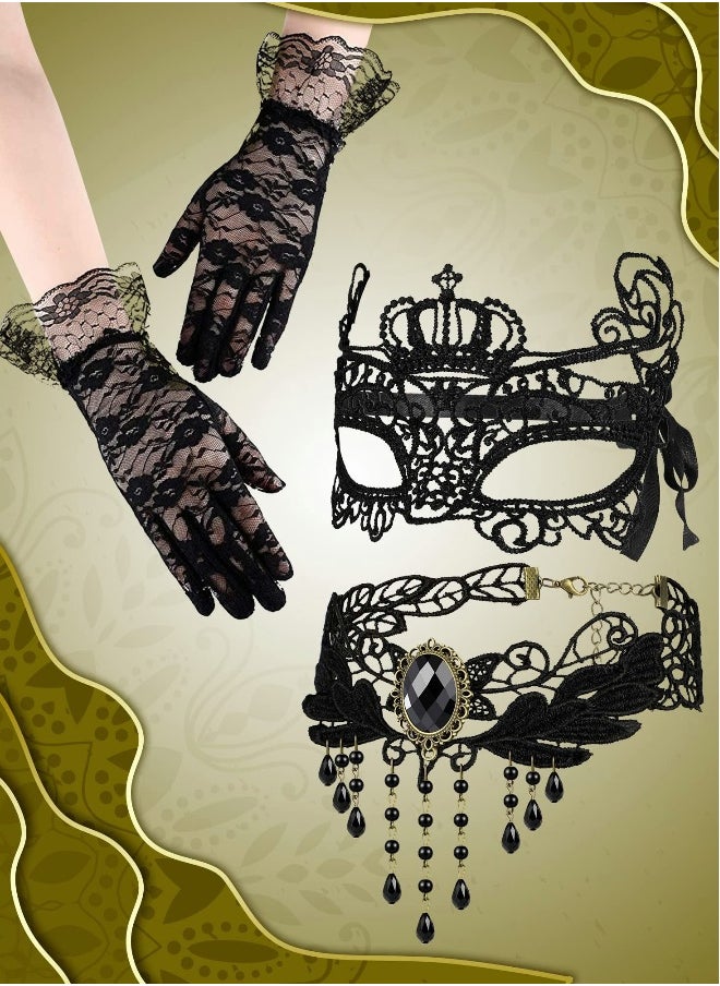 Venetian Masquerade Masks, Black Choker Lace Necklace Lace Pattern Gloves Set for Women