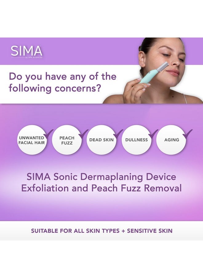 SPA SCIENCES - SIMA Sonic Dermaplaning Tool - Patented Painless 2 in 1 Facial Exfoliation & Peach Fuzz-Hair Removal System w/ 7 Weeks Treatment Included - Anti-Aging - 3 Speeds - Rechargeable