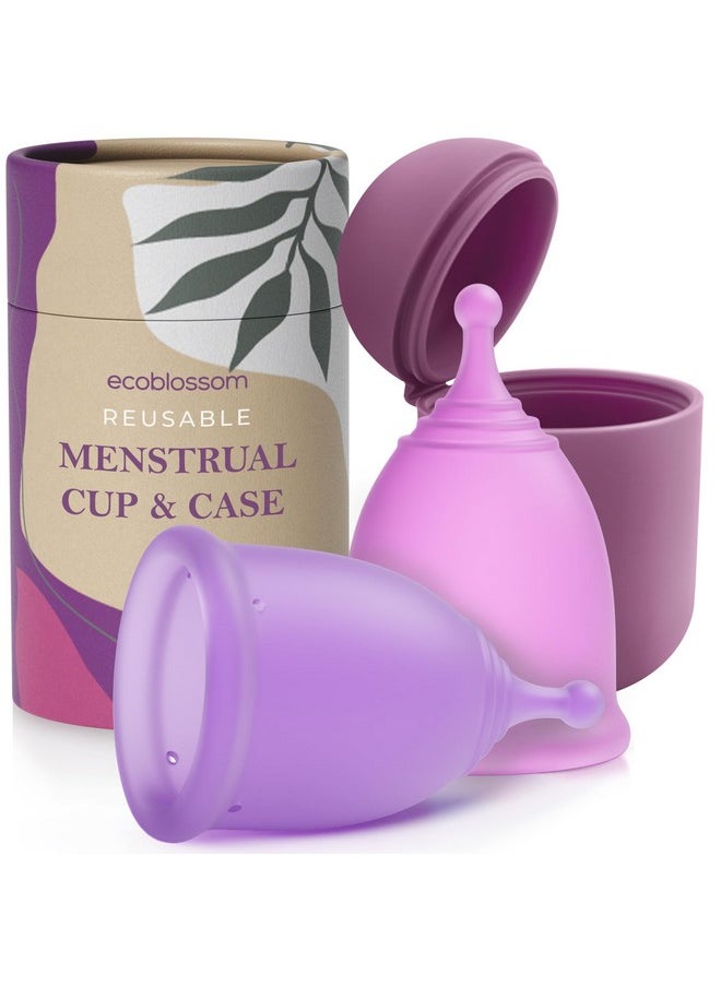EcoBlossom Reusable Menstrual Cup and Case - The Most Reliable Medical Grade Silicone Period Cups - Comfortably use for 12 Hours (Small (Pack of 2), Round Stem & Case)