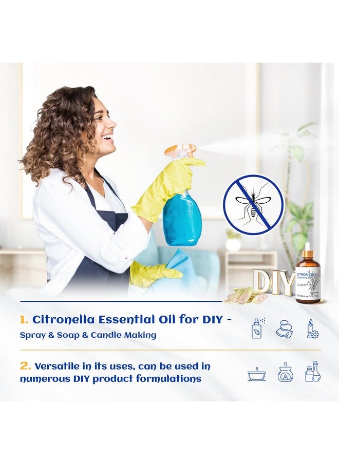 HIQILI 100ML Citronella Oil for Homemade Sprays, Add to Diffuser, 100% Pure and Natural Undiluted 3.38 Fl Oz