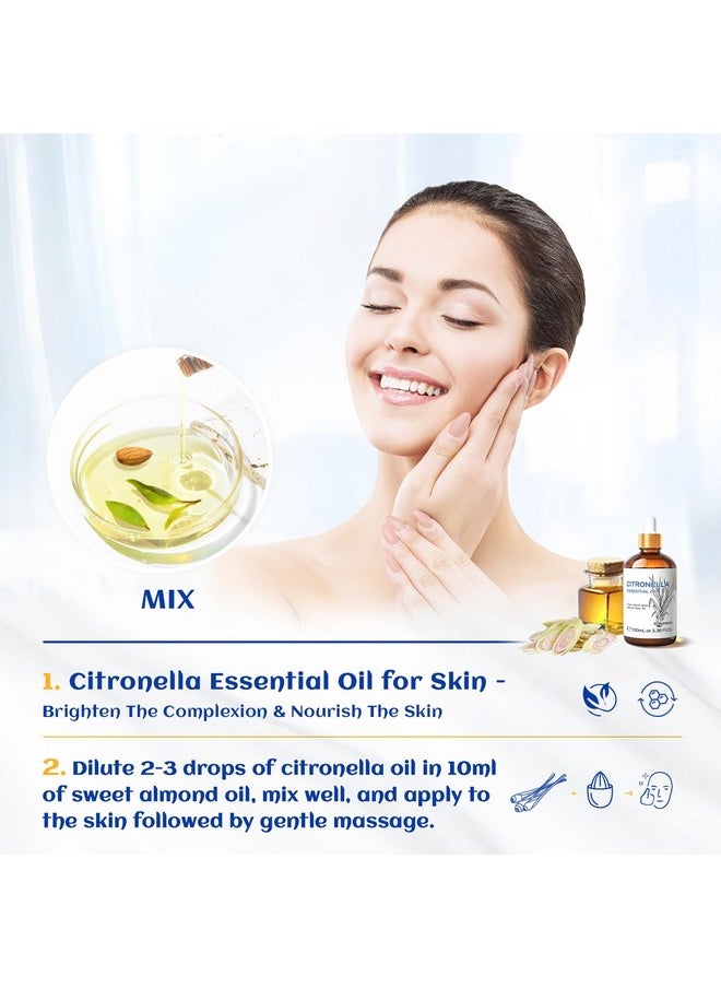 HIQILI 100ML Citronella Oil for Homemade Sprays, Add to Diffuser, 100% Pure and Natural Undiluted 3.38 Fl Oz