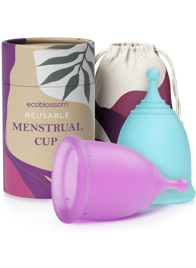 EcoBlossom Reusable Menstrual Cup Set - The Most Reliable Medical Grade Silicone Period Cups - Comfortably use for 12 Hours (Small & Large)