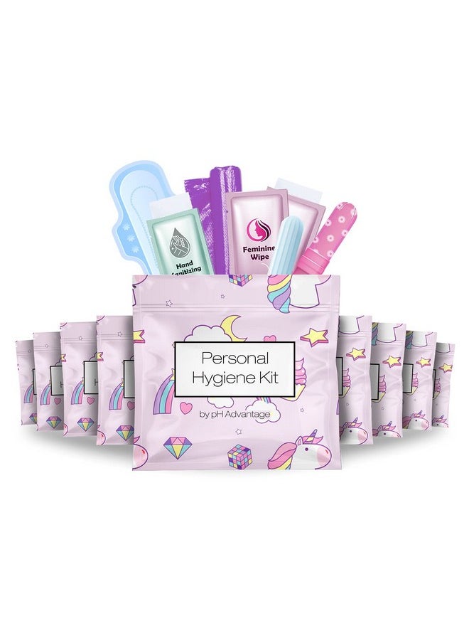 Menstrual Kit All-in-One 10 Pack | Convenience on The Go | Period Kit Pack for Travelling, Tweens & Teenager | Individually Wrapped Feminine Hygiene Product (Rainbows and Unicorns)