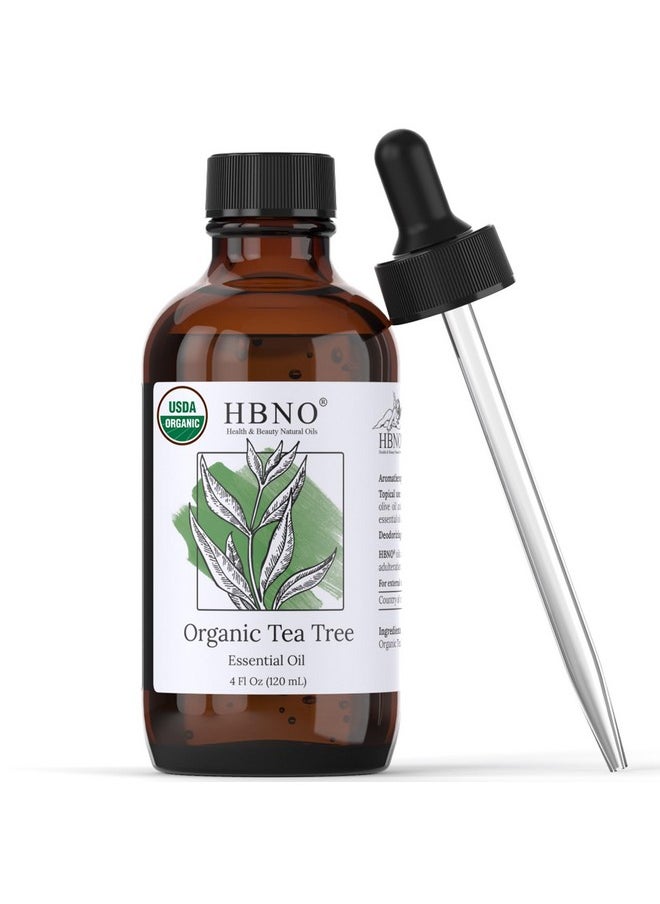 HBNO California Bottled Organic Tea Tree Oil for Skin 4 fl oz (120ml) - USDA Certified Organic Tea Tree Oil for Hair - Tea Tree Essential Oil for Aromatherapy, Tea Tree Oil for Face
