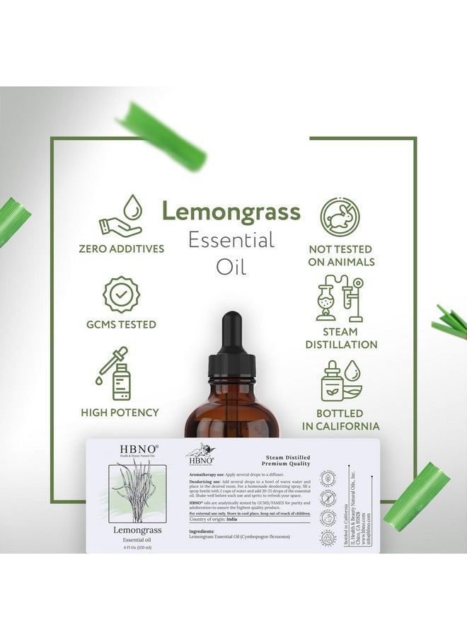 HBNO California Bottled Lemongrass Essential Oil 4 fl oz (120ml) - Natural Lemongrass Oil, Perfect for Cleaning, Aromatherapy, DIY, Soap & Diffuser - Lemongrass Essential Oils