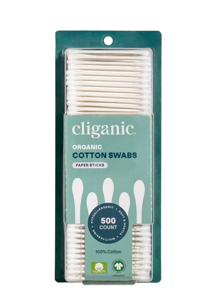 Cliganic Organic Cotton Swabs, 500 Count - 100% Pure Natural Cotton, Chlorine-Free Hypoallergenic, Soft, Gentle & Absorbent Buds