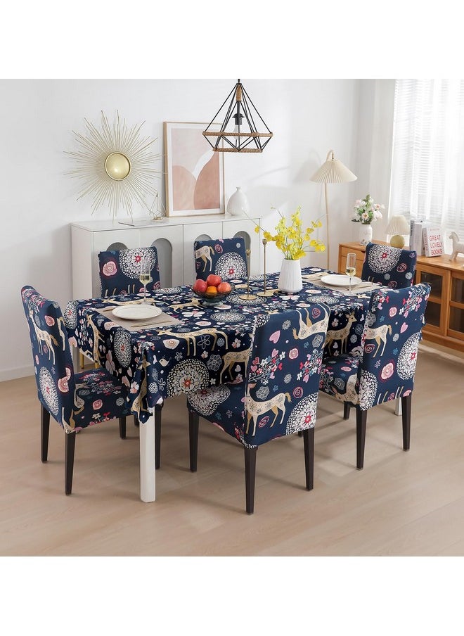 House of Quirk Dining Chair Cover with Table Covers for Kitchen Waterproof Dining Table Cloth (Blue Deer, 1 Table Cover + 4 Chair Cover)