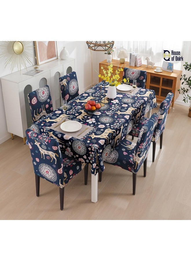 House of Quirk Dining Chair Cover with Table Covers for Kitchen Waterproof Dining Table Cloth (Blue Deer, 1 Table Cover + 4 Chair Cover)