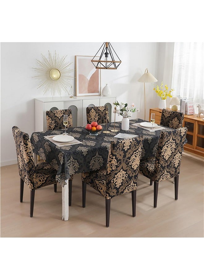 House of Quirk Dining Chair Cover with Table Covers for Kitchen Waterproof Dining Table Cloth (Black/Brown Motif, 1 Table Cover + 6 Chair Cover)