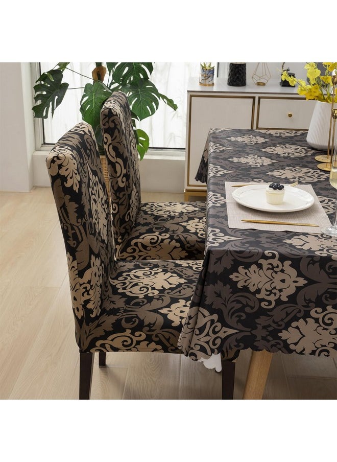 House of Quirk Dining Chair Cover with Table Covers for Kitchen Waterproof Dining Table Cloth (Black/Brown Motif, 1 Table Cover + 6 Chair Cover)