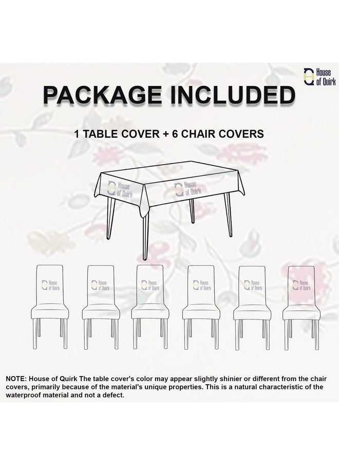 House of Quirk Polyvinyl Chloride (PVC) Dining Chair Cover With Rectangular Table Covers For Kitchen Waterproof Dining Table Cloth (Beige Tulip, 1 Rectangular Table Cover + 6 Chair Cover)