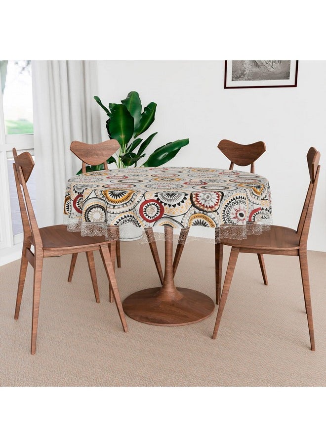 Kuber Industries Round Table Cover | PVC Table Cloth for Round Tables | 4 Seater Round Table Cloth | Rangoli Kitchen Dining Tablecloth | Tabletop Cover | 60 Inch | White