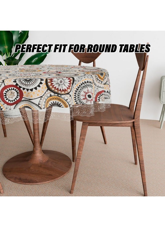 Kuber Industries Round Table Cover | PVC Table Cloth for Round Tables | 4 Seater Round Table Cloth | Rangoli Kitchen Dining Tablecloth | Tabletop Cover | 60 Inch | White