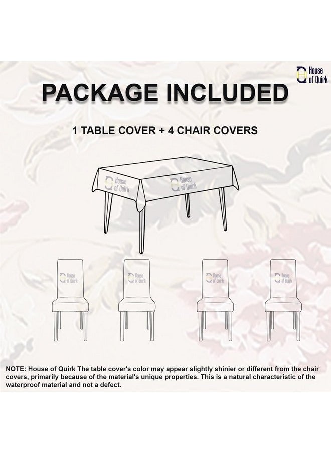 House of Quirk Dining Chair Cover with Table Covers for Kitchen Waterproof Dining Table Cloth (Dark Beige/Flower Pink/Green, 1 Table Cover + 4 Chair Cover)