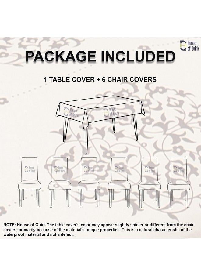 House of Quirk Dining Chair Cover with Table Covers for Kitchen Waterproof Dining Table Cloth (Cream, Brocade, 1 Table Cover + 6 Chair Cover)