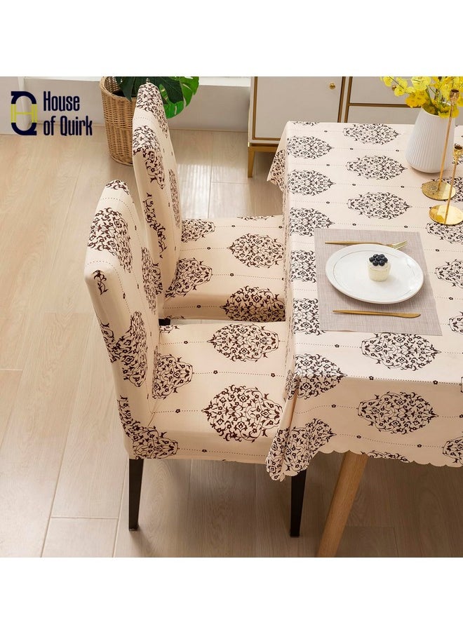 House of Quirk Dining Chair Cover with Table Covers for Kitchen Waterproof Dining Table Cloth (Cream, Brocade, 1 Table Cover + 6 Chair Cover)