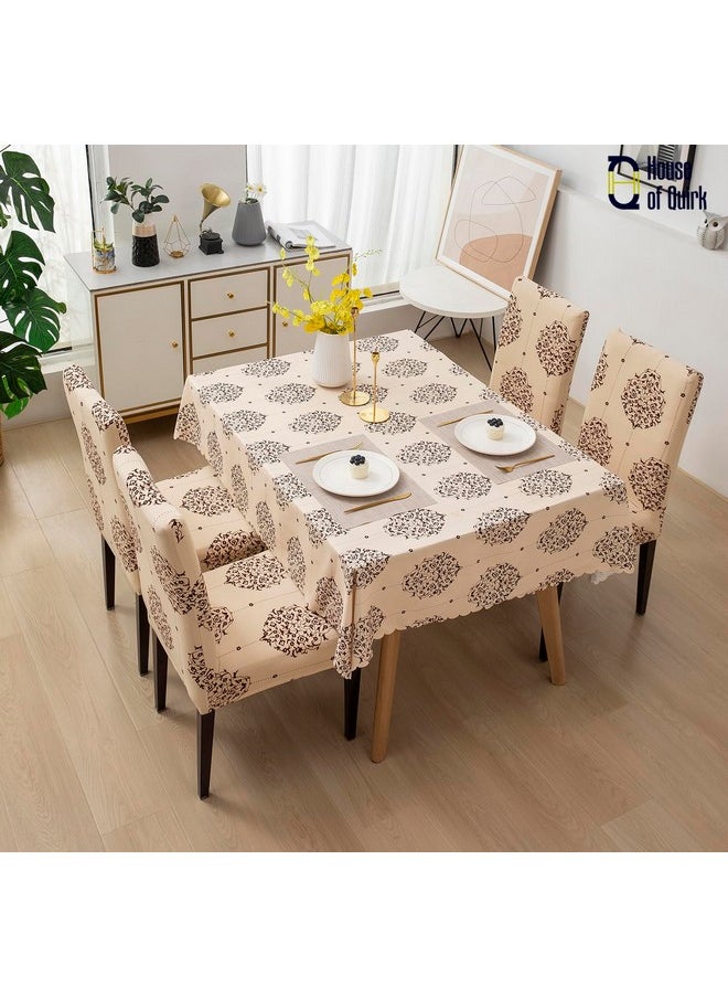 House of Quirk Dining Chair Cover with Table Covers for Kitchen Waterproof Dining Table Cloth (Cream, Brocade, 1 Table Cover + 6 Chair Cover)