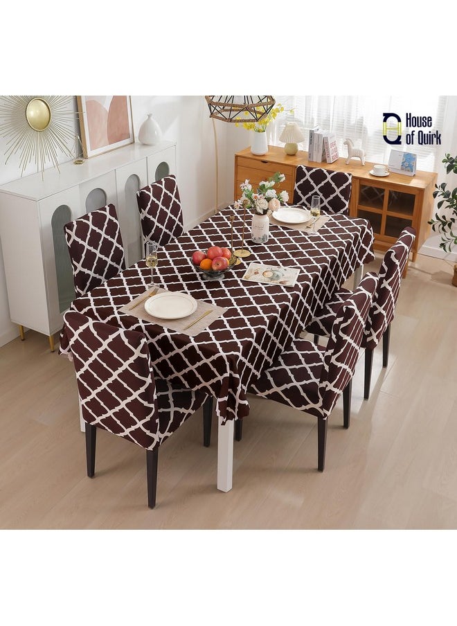 House of Quirk Dining Chair Cover with Table Covers for Kitchen Waterproof Dining Table Cloth (Brown Diamond, 1 Table Cover + 6 Chair Cover)