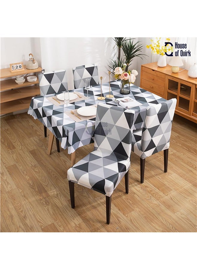 House of Quirk Dining Chair Cover with Table Covers for Kitchen Waterproof Dining Table Cloth (Black Triangle, 1 Table Cover + 4 Chair Cover)