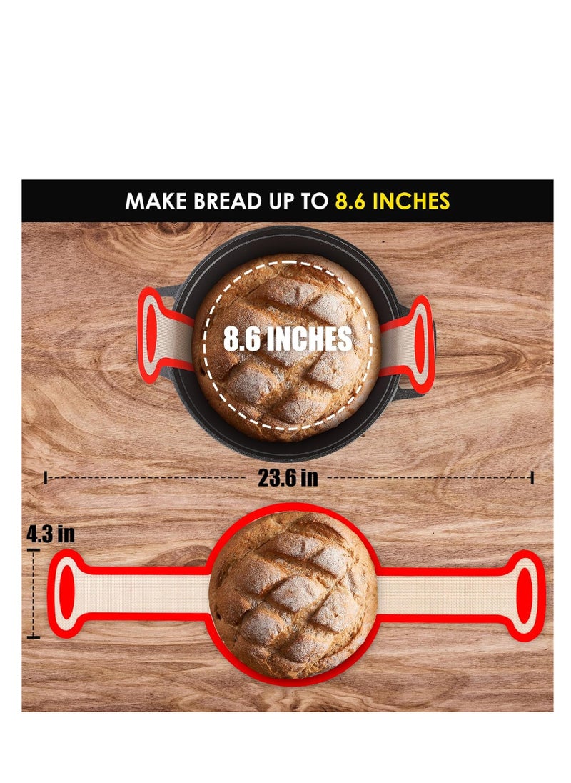 Upgraded Silicone Bread Sling Dutch Oven Liners Sourdough Baking Supplies Reusable Non-Stick Bread Mat Cast Iron Sheet Extra Long Handles Larger Size 8.6 Inch Diameter (Red, 1)