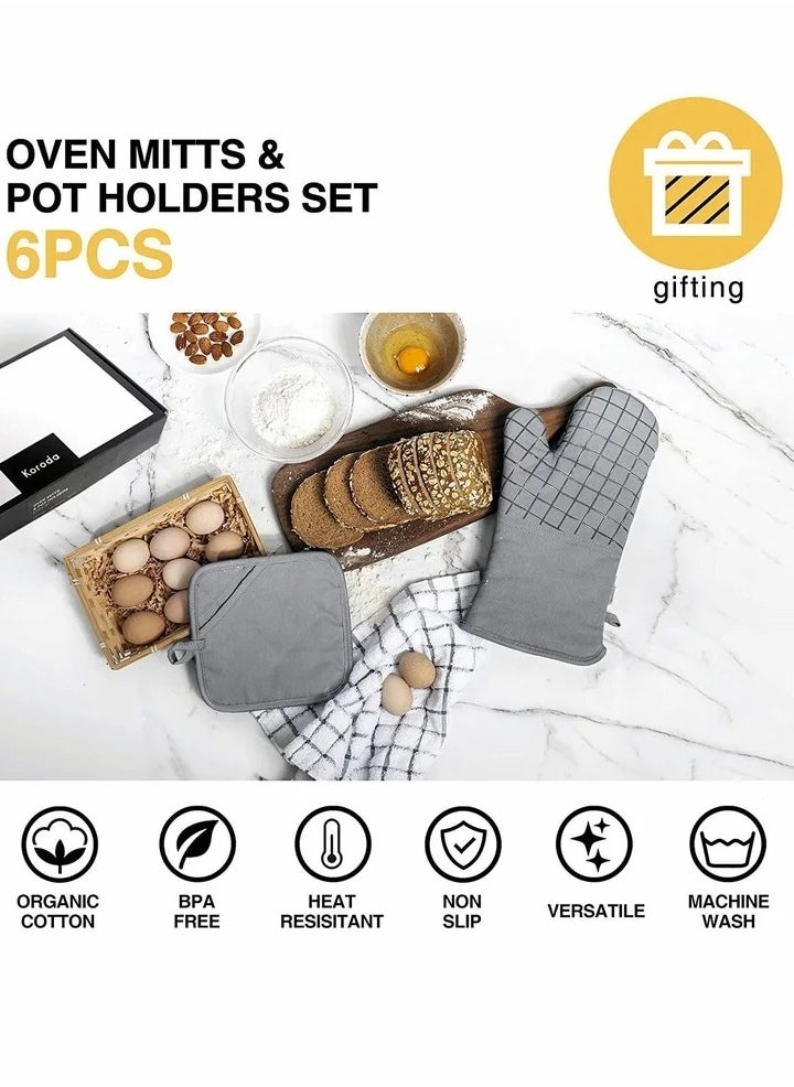 Oven Mitts and Pot Holders Sets, 550°F High Heat Resistant with Kitchen Towels Thick Cotton Gloves Non-Slip Silicone for Cooking Baking (6Pcs, Grey)