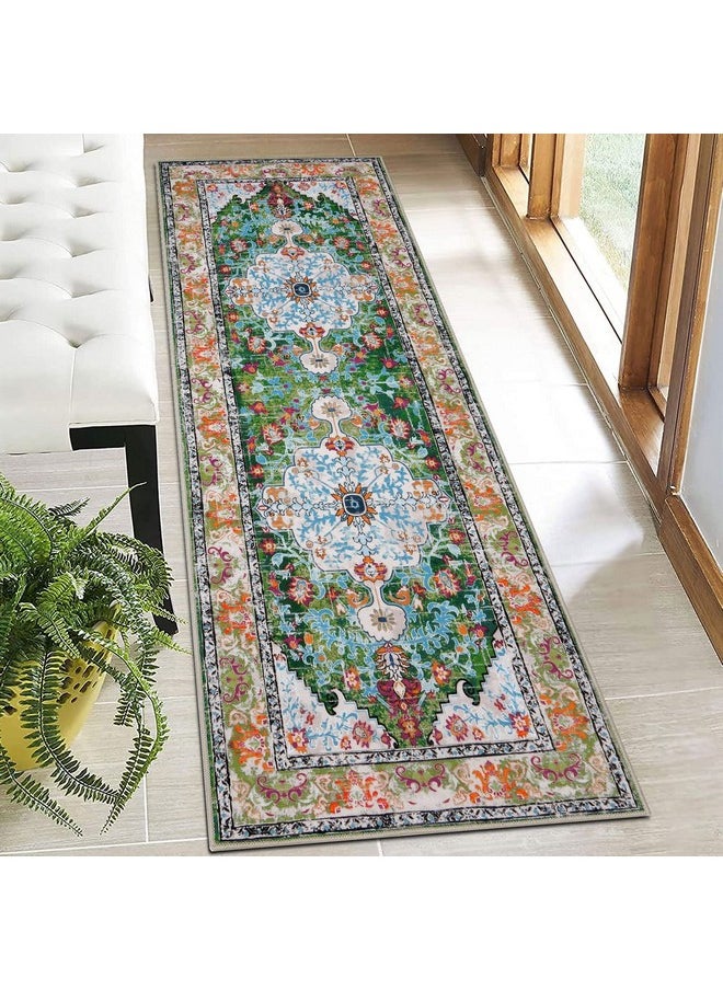 U'Artlines Boho Hallway Runner Rug 2' x 6' Vintage Farmhouse Laundry Rug Runner Accent Area Rug Carpet Non Slip Washable Kitchen Rug Entryway Runner Mat Throw Rug for Living Room (Green)