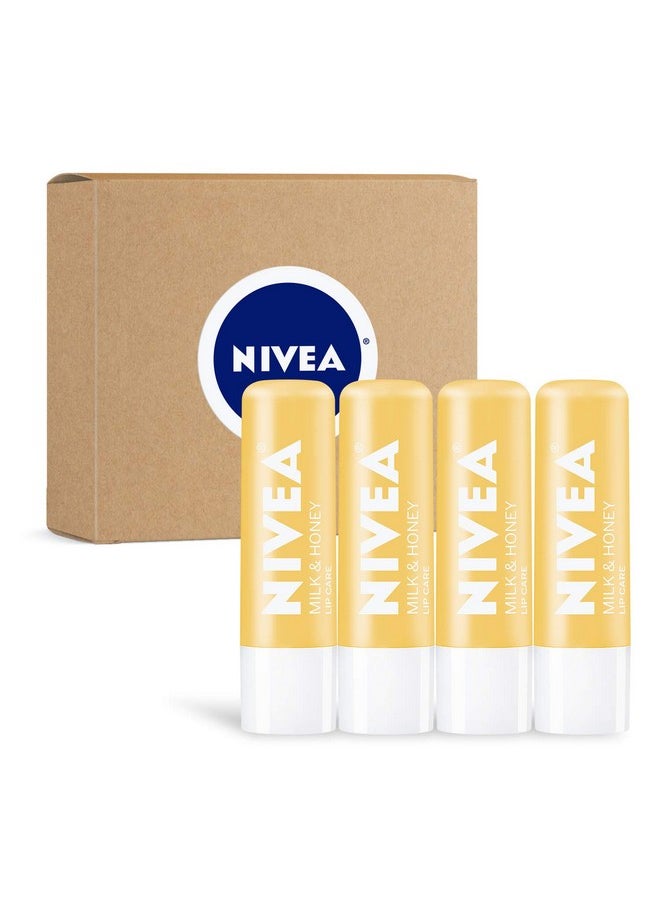 NIVEA Milk and Honey Lip Care, Moisturizing Lip Balm Stick with Shea Butter, 4 Pack of 0.17 Oz Sticks