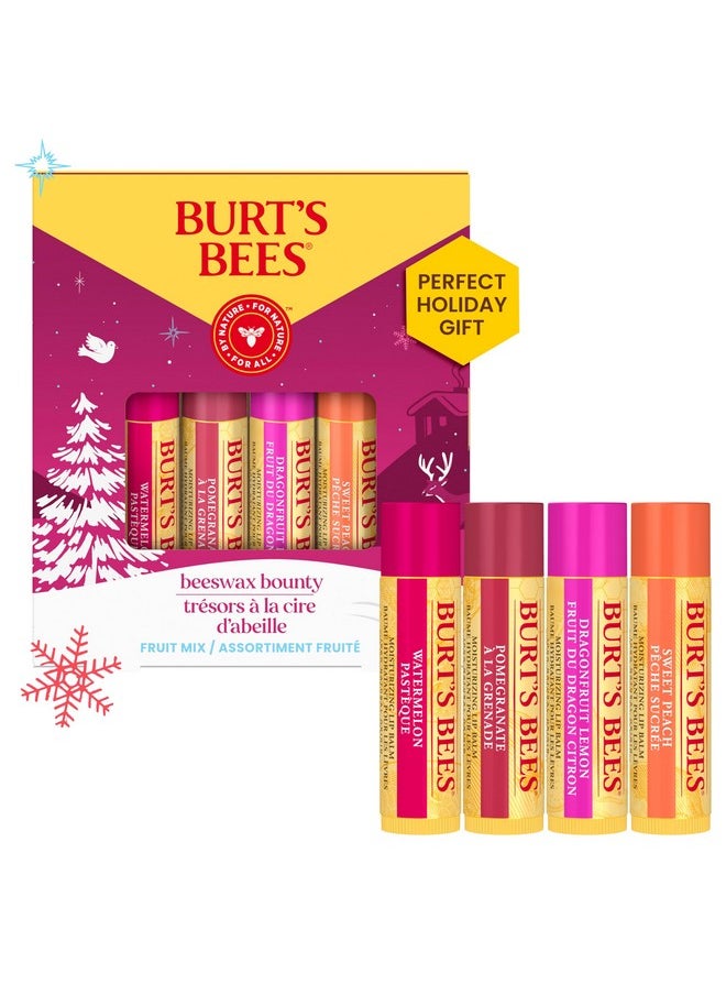 Burt's Bees Christmas Gifts, 4 Lip Balms Stocking Stuffers Products, Beeswax Bounty Fruit Mix - Watermelon, Pomegranate, Dragonfruit Lemon & Sweet Peach (4-Pack)