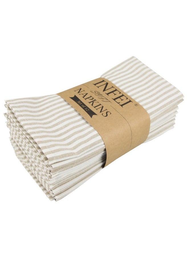 INFEI Plain Striped Cotton Linen Blended Dinner Cloth Napkins - Set of 12 (40 x 30 cm) - for Events & Home Use (Beige)