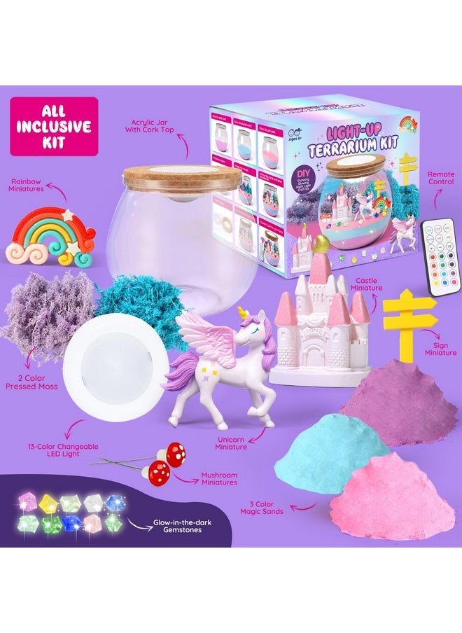 Unicorn Terrarium Kit For Girls: Led & Glow Stones Present For Birthday - Diy Art For Activity Toy Gift - Light Up Decoration With Sand Set - Craft Idea For Kids Age 4 5 6 7 8-12 Year Old